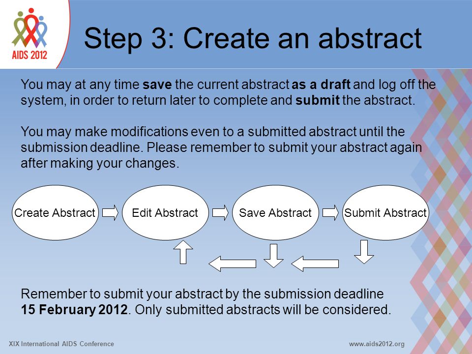 XIX International AIDS Conferencewww.aids2012.org Step 3: Create an abstract You may at any time save the current abstract as a draft and log off the system, in order to return later to complete and submit the abstract.