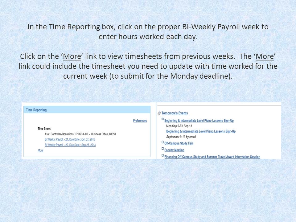 In the Time Reporting box, click on the proper Bi-Weekly Payroll week to enter hours worked each day.