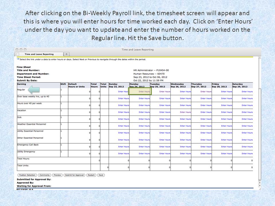 After clicking on the Bi-Weekly Payroll link, the timesheet screen will appear and this is where you will enter hours for time worked each day.