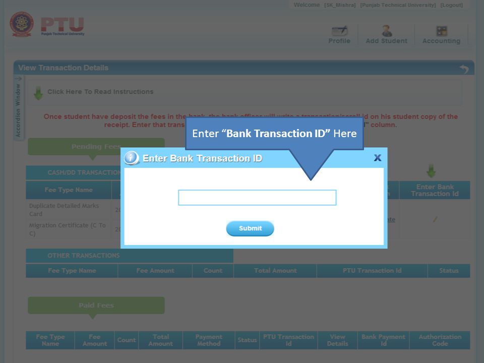 Enter Bank Transaction ID Here