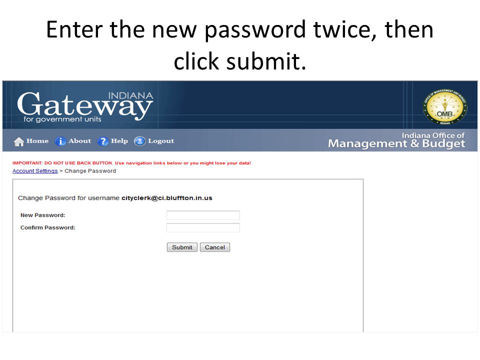 Enter the new password twice, then click submit.