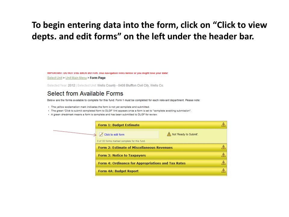 To begin entering data into the form, click on Click to view depts.
