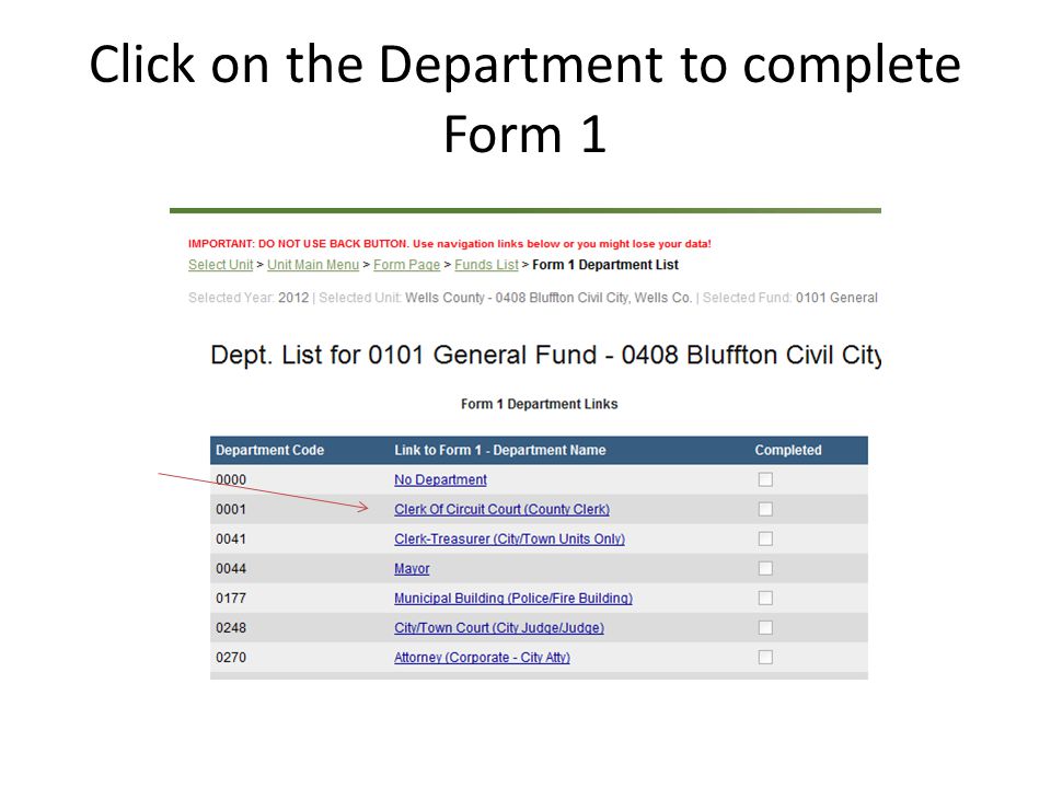 Click on the Department to complete Form 1