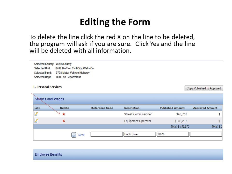 Editing the Form To delete the line click the red X on the line to be deleted, the program will ask if you are sure.