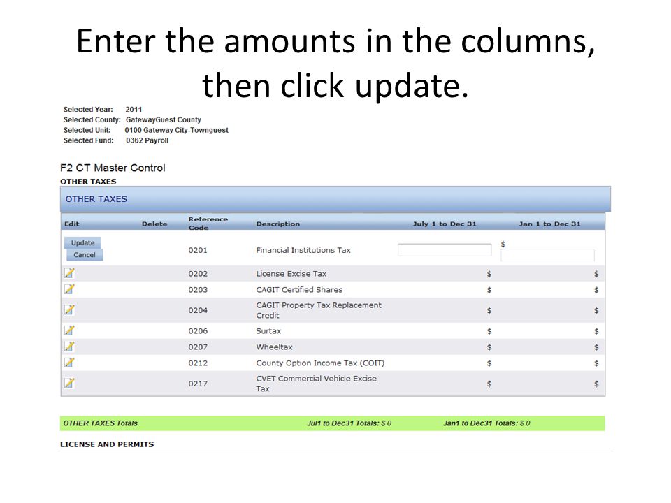 Enter the amounts in the columns, then click update.