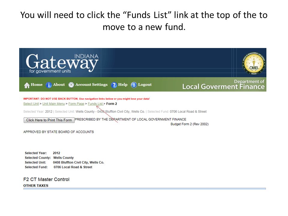 You will need to click the Funds List link at the top of the to move to a new fund.
