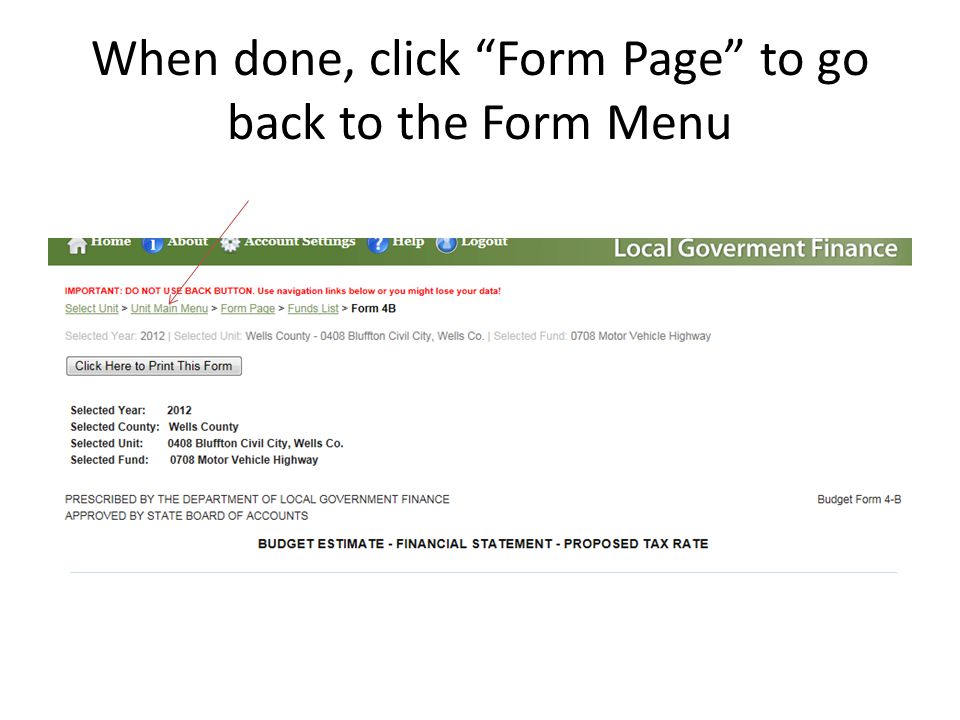 When done, click Form Page to go back to the Form Menu
