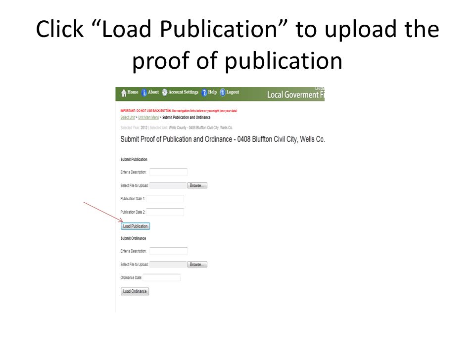 Click Load Publication to upload the proof of publication