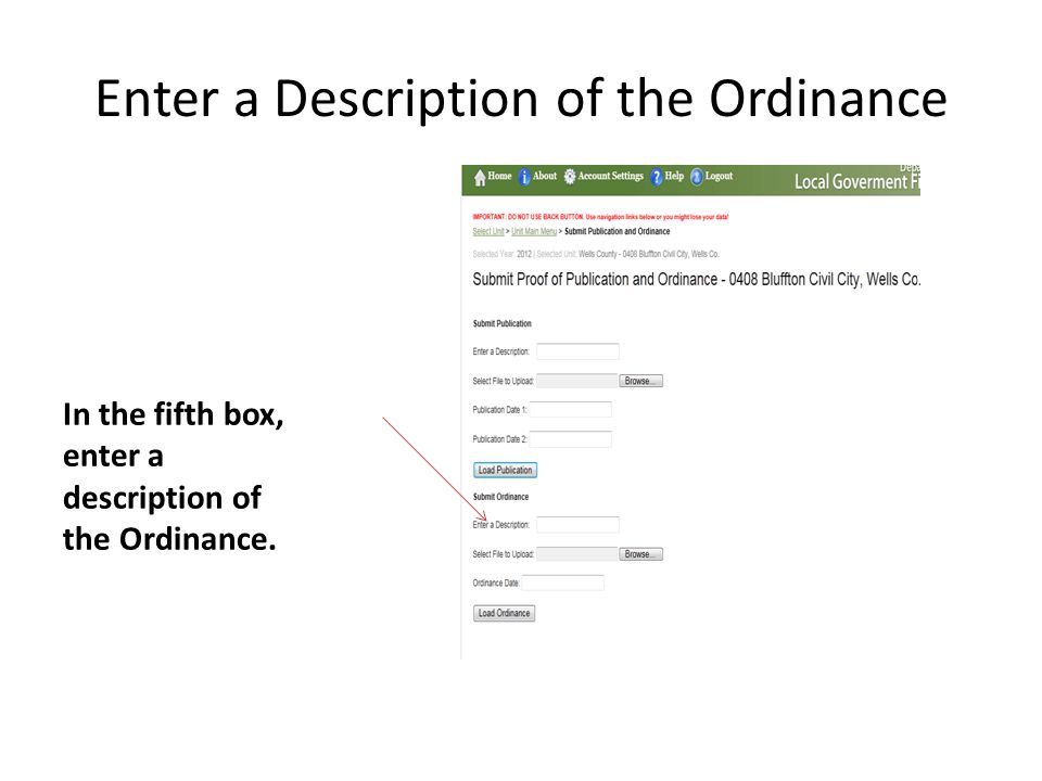 Enter a Description of the Ordinance In the fifth box, enter a description of the Ordinance.
