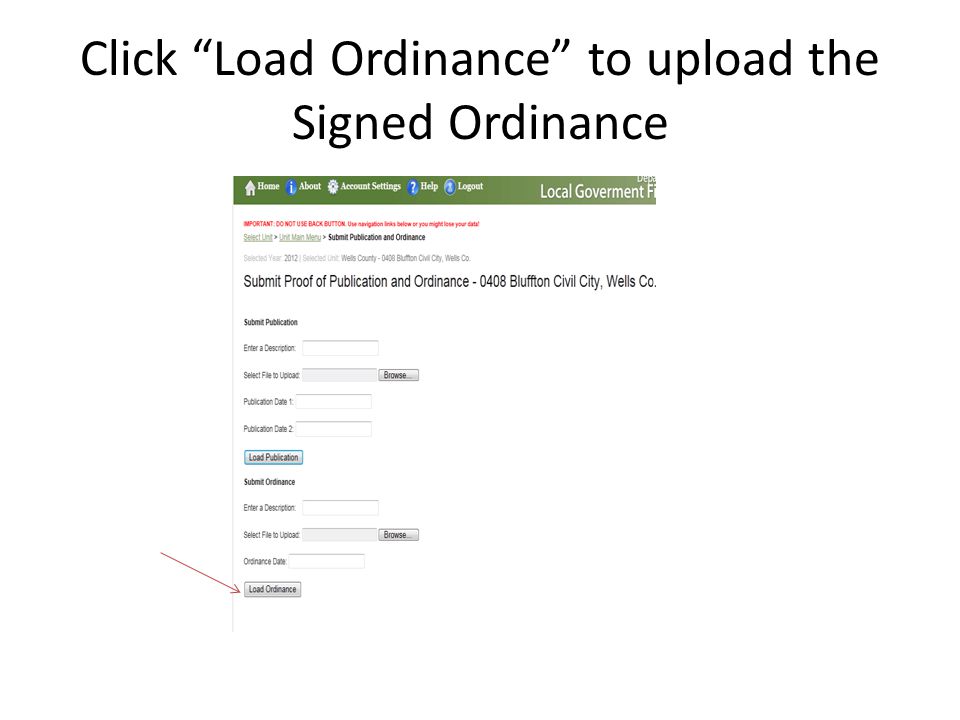 Click Load Ordinance to upload the Signed Ordinance