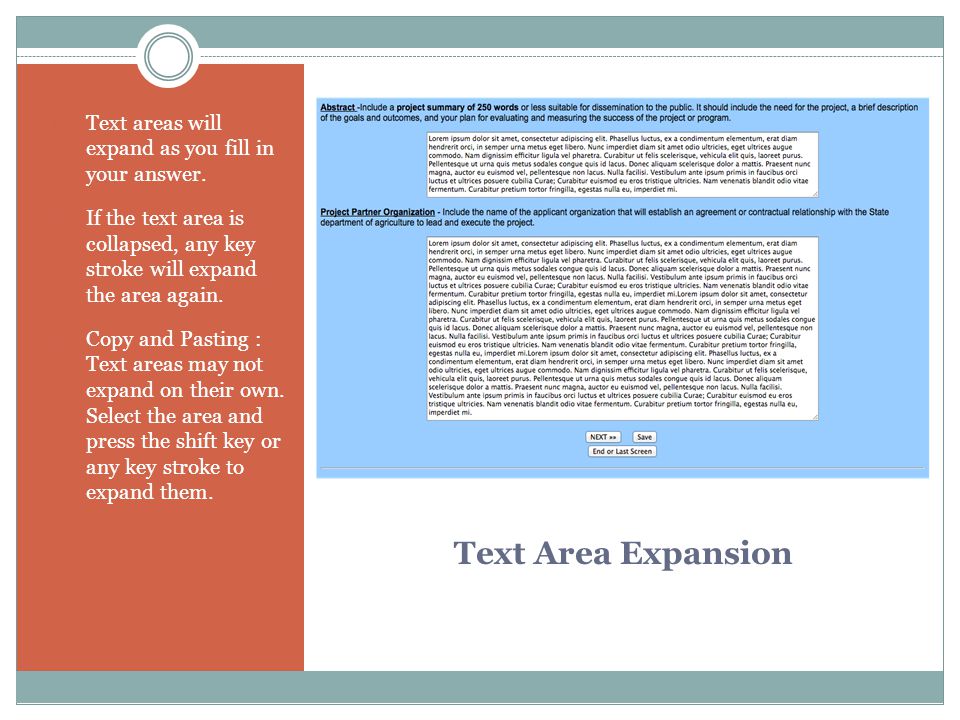 Text Area Expansion 1. Text areas will expand as you fill in your answer.