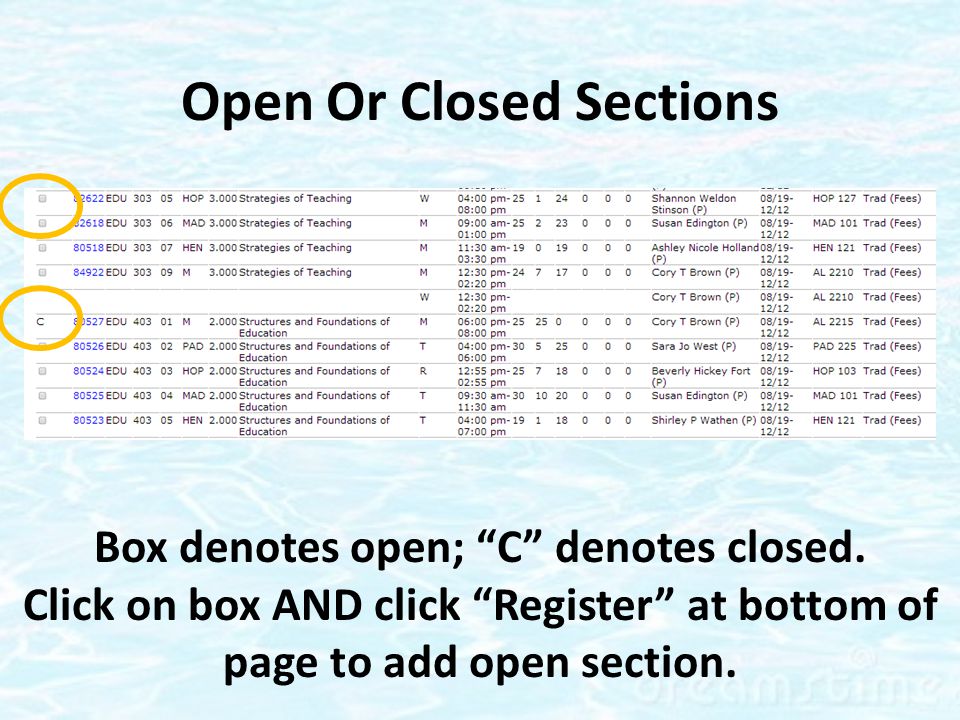 Open Or Closed Sections Box denotes open; C denotes closed.