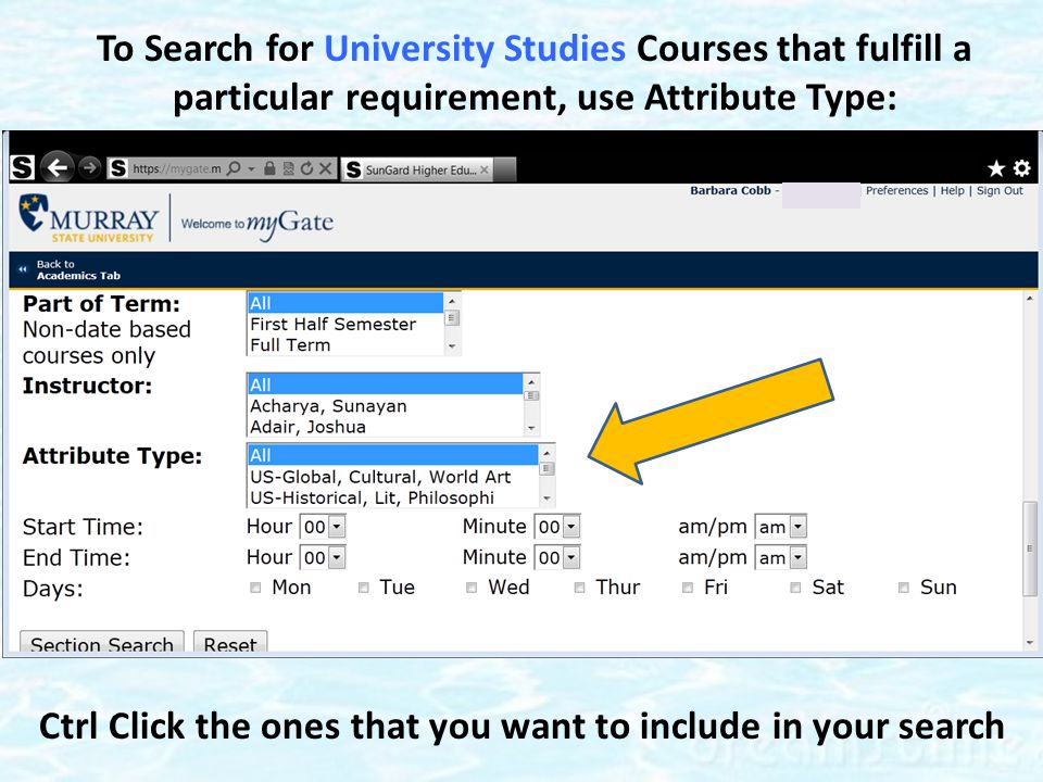 To Search for University Studies Courses that fulfill a particular requirement, use Attribute Type: Ctrl Click the ones that you want to include in your search