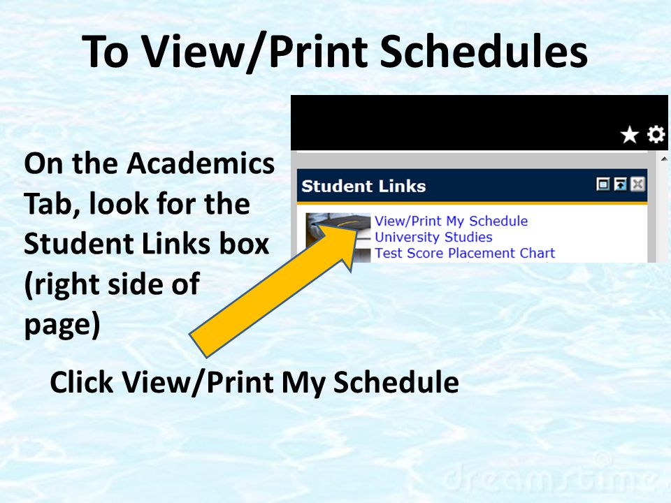 On the Academics Tab, look for the Student Links box (right side of page) Click View/Print My Schedule To View/Print Schedules