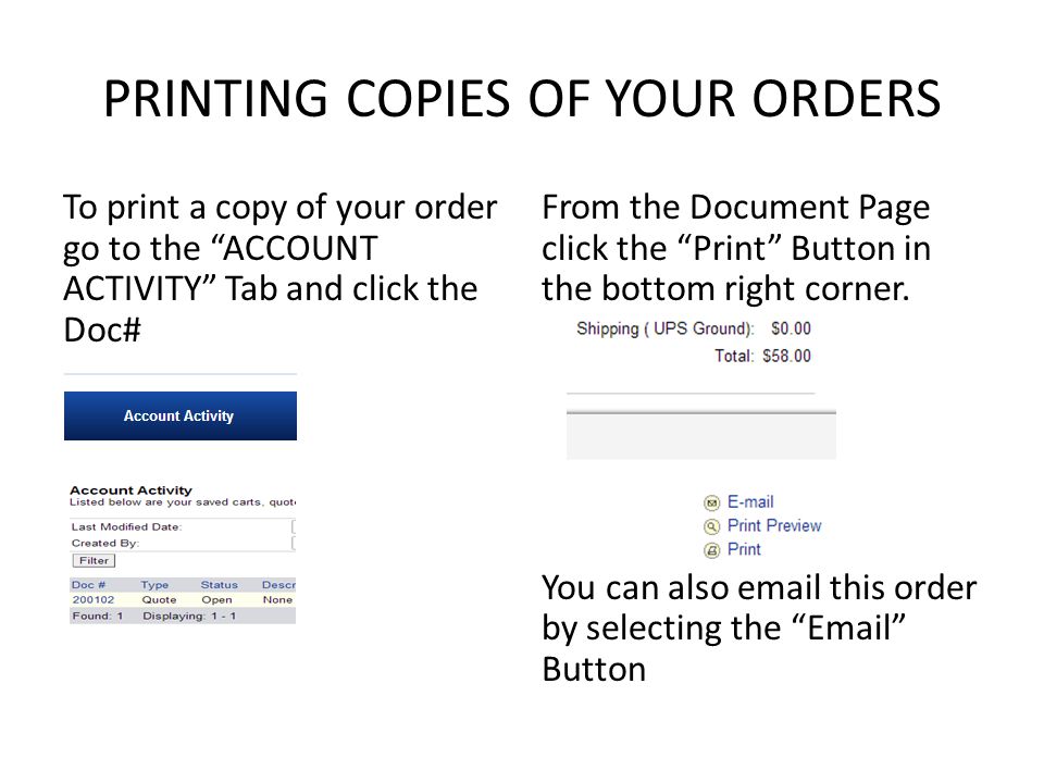 PRINTING COPIES OF YOUR ORDERS To print a copy of your order go to the ACCOUNT ACTIVITY Tab and click the Doc# From the Document Page click the Print Button in the bottom right corner.