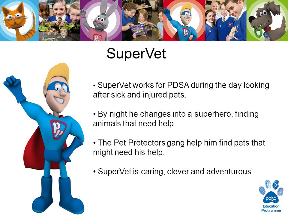 SuperVet SuperVet works for PDSA during the day looking after sick and injured pets.