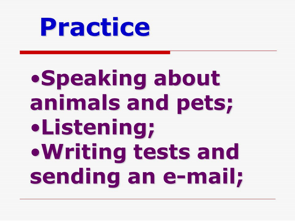 Practice Speaking aboutSpeaking about animals and pets; Listening;Listening; Writing tests andWriting tests and sending an  ;