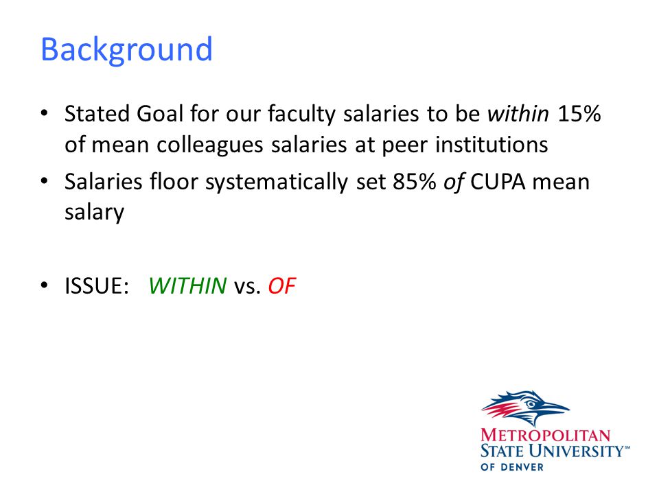 Background Stated Goal for our faculty salaries to be within 15% of mean colleagues salaries at peer institutions Salaries floor systematically set 85% of CUPA mean salary ISSUE: WITHIN vs.