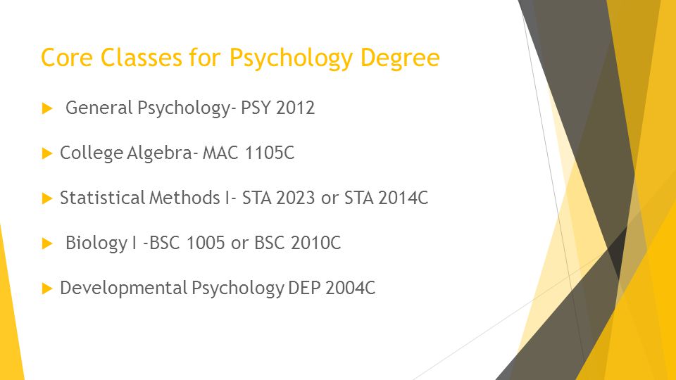 Core Classes for Psychology Degree  General Psychology- PSY 2012  College Algebra- MAC 1105C  Statistical Methods I- STA 2023 or STA 2014C  Biology I -BSC 1005 or BSC 2010C  Developmental Psychology DEP 2004C