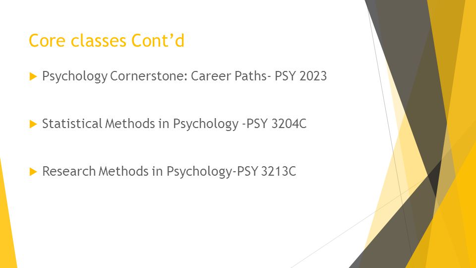 Core classes Cont’d  Psychology Cornerstone: Career Paths- PSY 2023  Statistical Methods in Psychology -PSY 3204C  Research Methods in Psychology-PSY 3213C