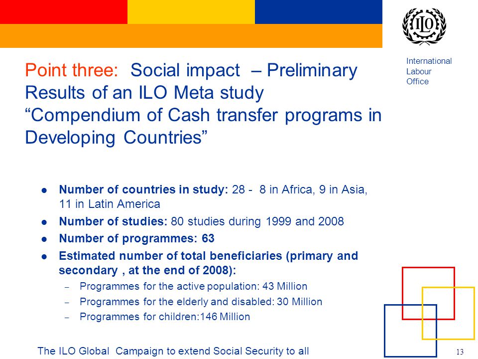 International Labour Office 13 The ILO Global Campaign to extend Social Security to all Point three: Social impact – Preliminary Results of an ILO Meta study Compendium of Cash transfer programs in Developing Countries Number of countries in study: in Africa, 9 in Asia, 11 in Latin America Number of studies: 80 studies during 1999 and 2008 Number of programmes: 63 Estimated number of total beneficiaries (primary and secondary, at the end of 2008): – Programmes for the active population: 43 Million – Programmes for the elderly and disabled: 30 Million – Programmes for children:146 Million