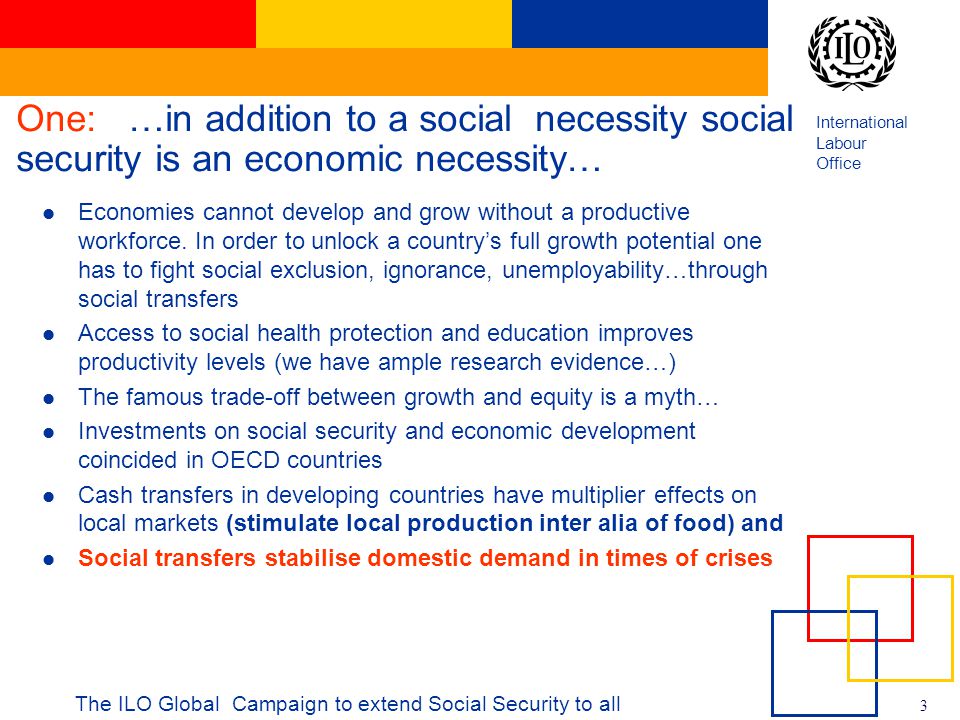 International Labour Office 3 The ILO Global Campaign to extend Social Security to all One: …in addition to a social necessity social security is an economic necessity… Economies cannot develop and grow without a productive workforce.
