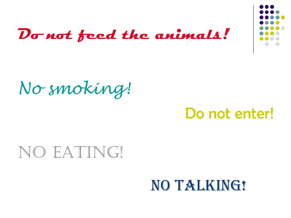Do not feed the animals! No smoking! Do not enter! No eating! No talking!