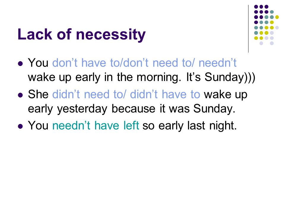 Lack of necessity You don’t have to/don’t need to/ needn’t wake up early in the morning.