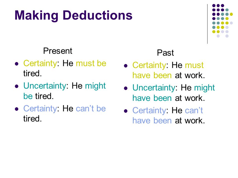 Making Deductions Present Certainty: He must be tired.