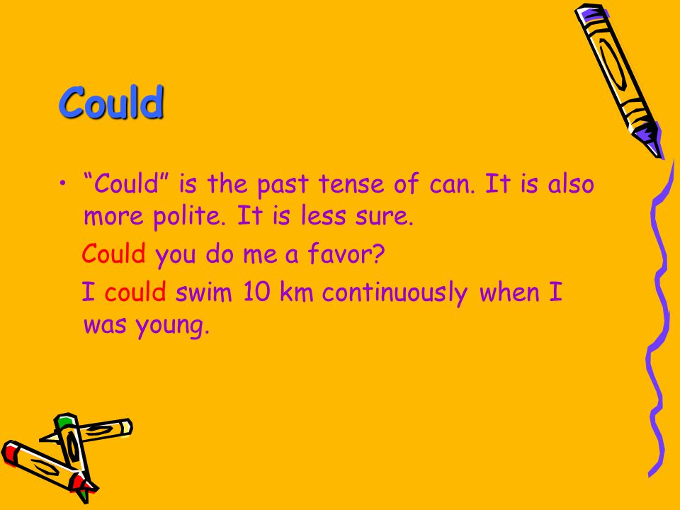Could Could is the past tense of can. It is also more polite.