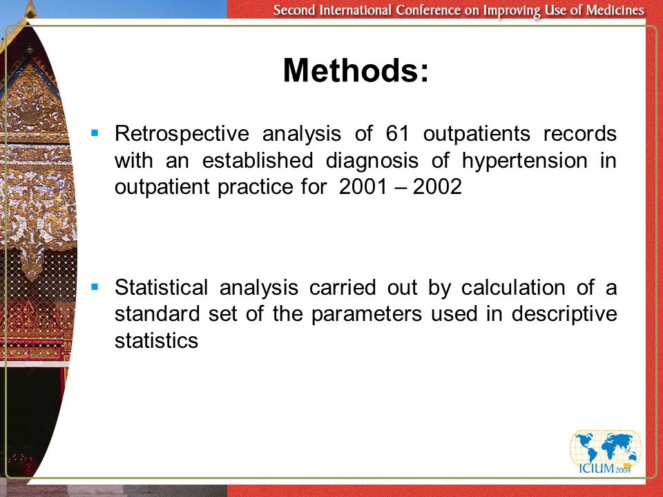  Retrospective analysis of 61 outpatients records with an established diagnosis of hypertension in outpatient practice for 2001 – 2002  Statistical analysis carried out by calculation of a standard set of the parameters used in descriptive statistics Methods: