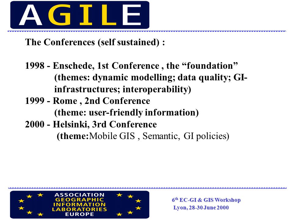 6 th EC-GI & GIS Workshop Lyon, June 2000 The Conferences (self sustained) : Enschede, 1st Conference, the foundation (themes: dynamic modelling; data quality; GI- infrastructures; interoperability) Rome, 2nd Conference (theme: user-friendly information) Helsinki, 3rd Conference (theme:Mobile GIS, Semantic, GI policies)