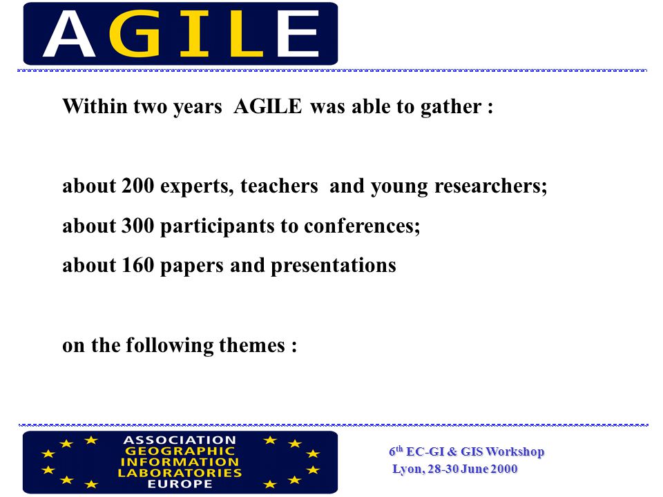 6 th EC-GI & GIS Workshop Lyon, June 2000 Within two years AGILE was able to gather : about 200 experts, teachers and young researchers; about 300 participants to conferences; about 160 papers and presentations on the following themes :