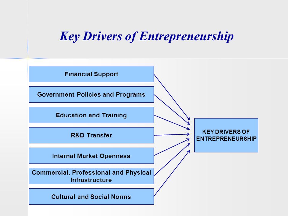 Key Drivers of Entrepreneurship KEY DRIVERS OF ENTREPRENEURSHIP Financial Support Government Policies and Programs Education and Training Internal Market Openness Commercial, Professional and Physical Infrastructure Cultural and Social Norms R&D Transfer