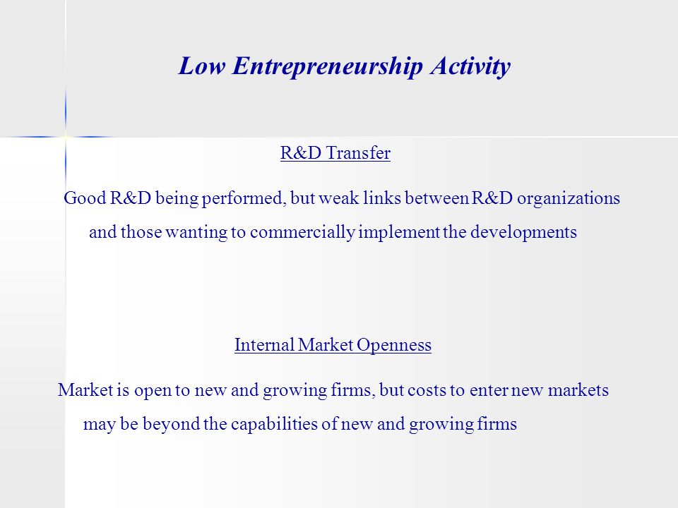 Low Entrepreneurship Activity R&D Transfer Good R&D being performed, but weak links between R&D organizations and those wanting to commercially implement the developments Internal Market Openness Market is open to new and growing firms, but costs to enter new markets may be beyond the capabilities of new and growing firms