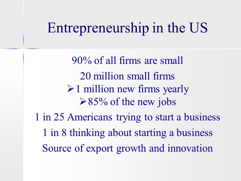Entrepreneurship in the US 90% of all firms are small 20 million small firms   1 million new firms yearly   85% of the new jobs 1 in 25 Americans trying to start a business 1 in 8 thinking about starting a business Source of export growth and innovation