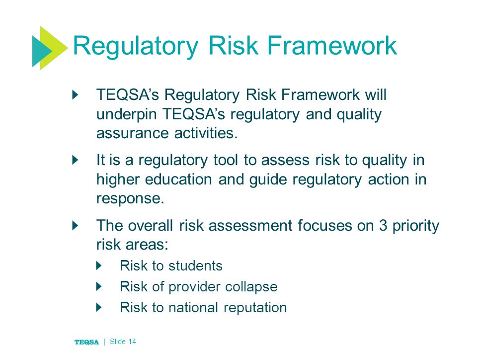 Regulatory Risk Framework TEQSA’s Regulatory Risk Framework will underpin TEQSA’s regulatory and quality assurance activities.