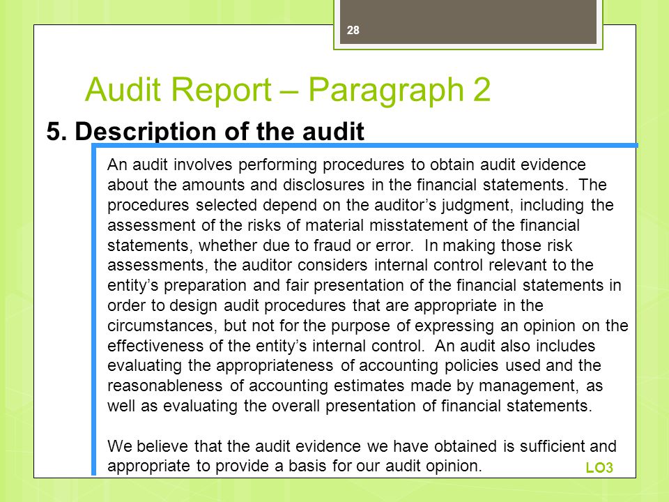 Audit Report – Paragraph 2 An audit involves performing procedures to obtain audit evidence about the amounts and disclosures in the financial statements.