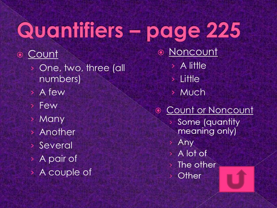  Count › One, two, three (all numbers) › A few › Few › Many › Another › Several › A pair of › A couple of  Noncount › A little › Little › Much  Count or Noncount › Some (quantity meaning only) › Any › A lot of › The other › Other