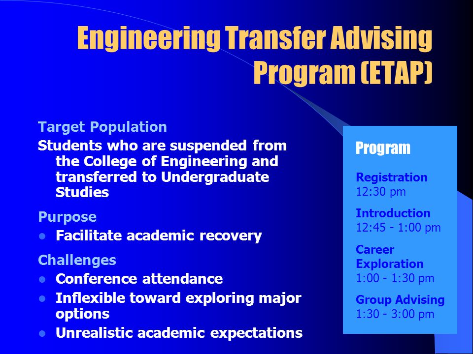 Engineering Transfer Advising Program (ETAP) Target Population Students who are suspended from the College of Engineering and transferred to Undergraduate Studies Purpose Facilitate academic recovery Challenges Conference attendance Inflexible toward exploring major options Unrealistic academic expectations Program Registration 12:30 pm Introduction 12:45 - 1:00 pm Career Exploration 1:00 - 1:30 pm Group Advising 1:30 - 3:00 pm