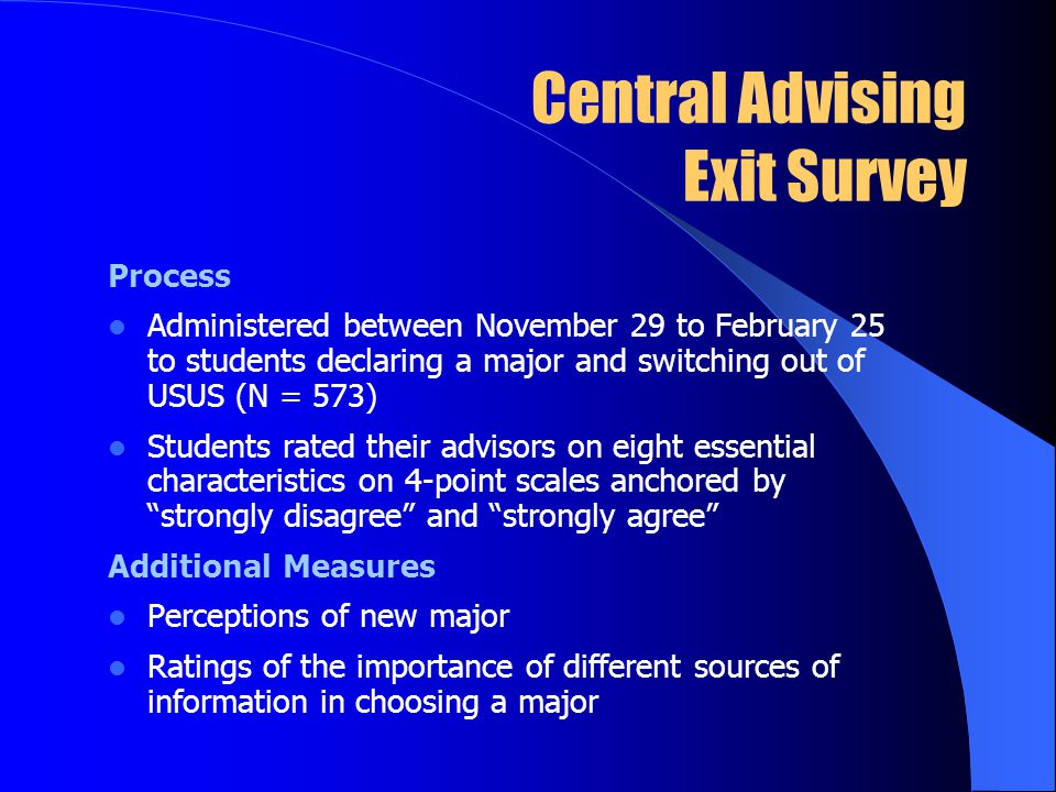 Central Advising Exit Survey Process Administered between November 29 to February 25 to students declaring a major and switching out of USUS (N = 573) Students rated their advisors on eight essential characteristics on 4-point scales anchored by strongly disagree and strongly agree Additional Measures Perceptions of new major Ratings of the importance of different sources of information in choosing a major