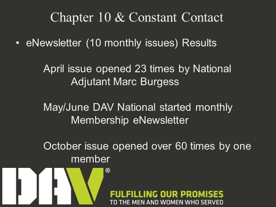 Chapter 10 & Constant Contact eNewsletter (10 monthly issues) Results April issue opened 23 times by National Adjutant Marc Burgess May/June DAV National started monthly Membership eNewsletter October issue opened over 60 times by one member
