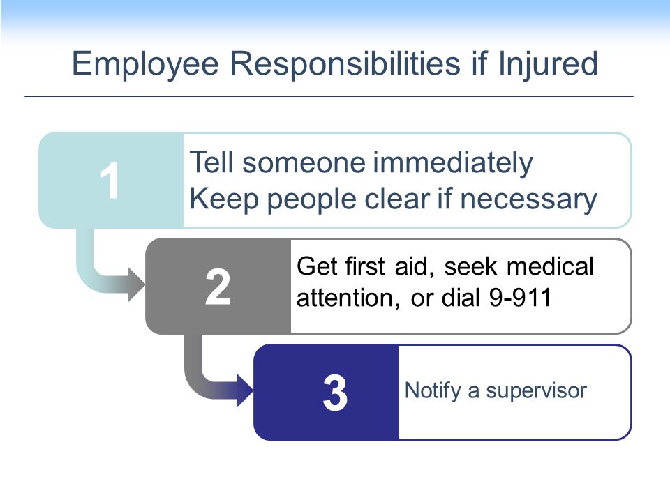 Employee Responsibilities if Injured Tell someone immediately Keep people clear if necessary Get first aid, seek medical attention, or dial Notify a supervisor