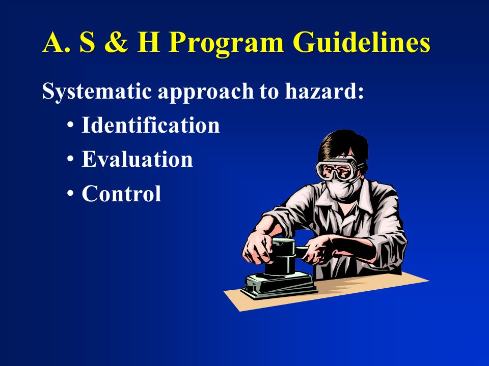 A. S & H Program Guidelines Systematic approach to hazard: Identification Evaluation Control