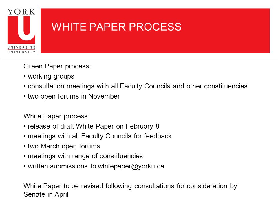 WHITE PAPER PROCESS Green Paper process: working groups consultation meetings with all Faculty Councils and other constituencies two open forums in November White Paper process: release of draft White Paper on February 8 meetings with all Faculty Councils for feedback two March open forums meetings with range of constituencies written submissions to White Paper to be revised following consultations for consideration by Senate in April