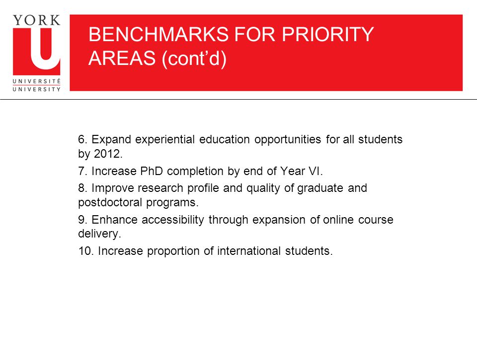 BENCHMARKS FOR PRIORITY AREAS (cont’d) 6.
