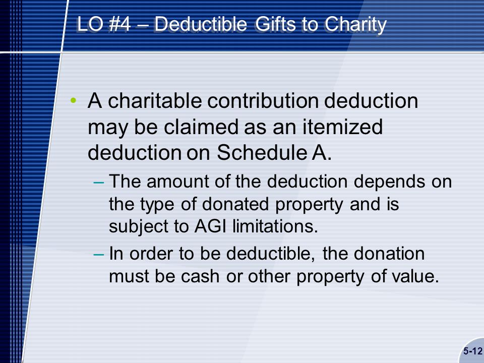 5-12 LO #4 – Deductible Gifts to Charity A charitable contribution deduction may be claimed as an itemized deduction on Schedule A.