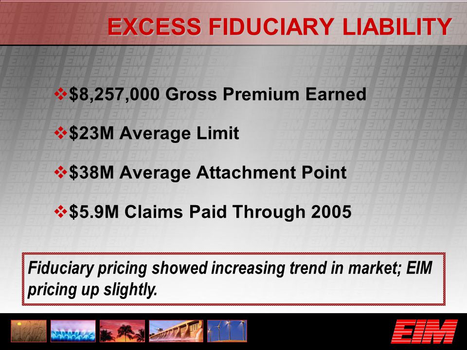 EXCESS FIDUCIARY LIABILITY  $8,257,000 Gross Premium Earned  $23M Average Limit  $38M Average Attachment Point  $5.9M Claims Paid Through 2005 Fiduciary pricing showed increasing trend in market; EIM pricing up slightly.