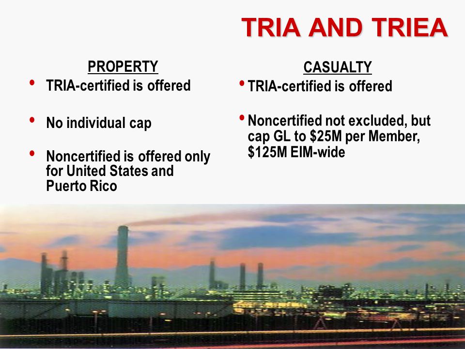 TRIA AND TRIEA CASUALTY TRIA-certified is offered Noncertified not excluded, but cap GL to $25M per Member, $125M EIM-wide PROPERTY TRIA-certified is offered No individual cap Noncertified is offered only for United States and Puerto Rico