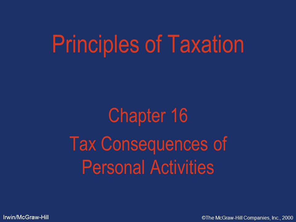 Irwin/McGraw-Hill ©The McGraw-Hill Companies, Inc., 2000 Principles of Taxation Chapter 16 Tax Consequences of Personal Activities